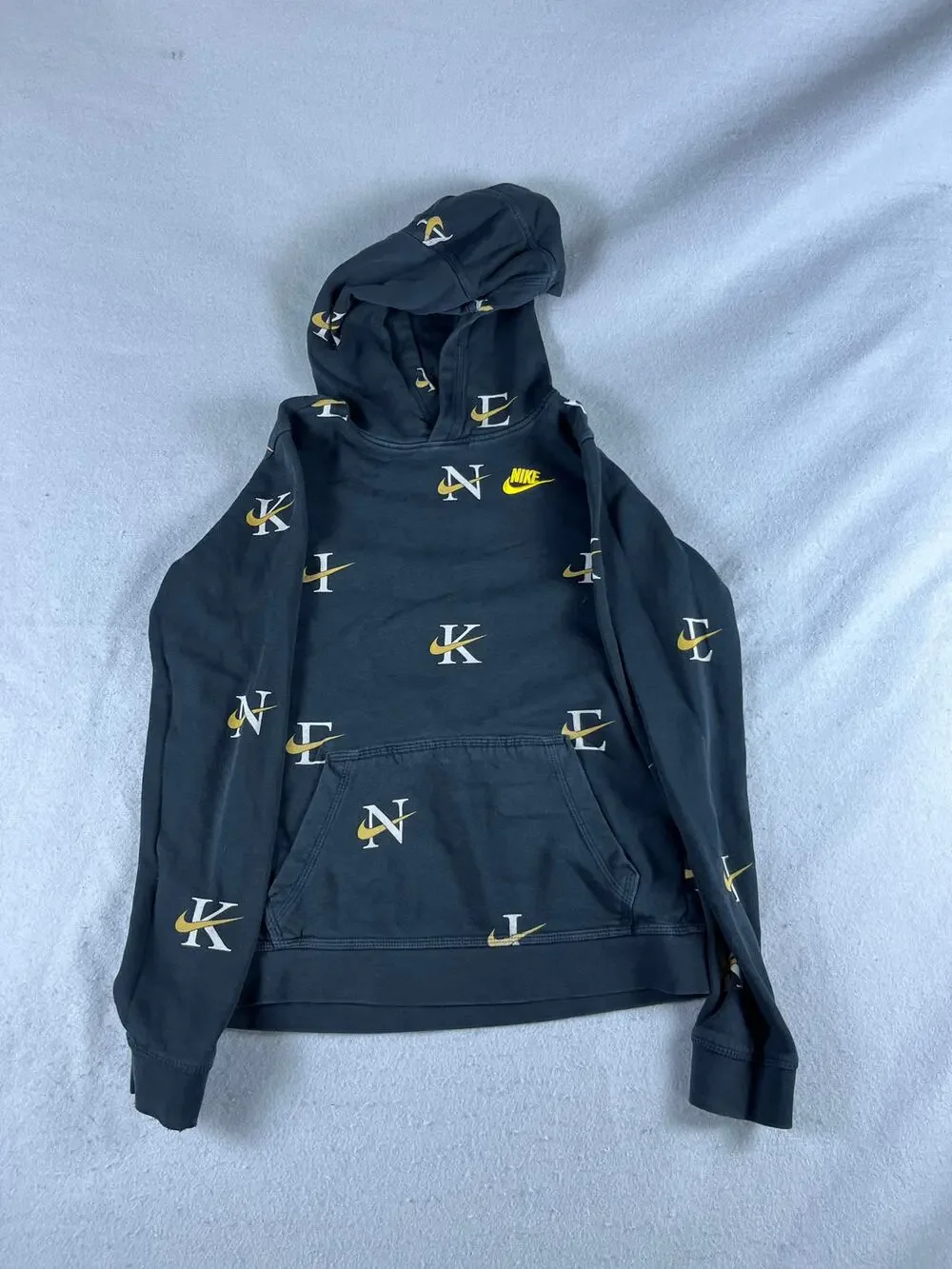 Nike Hoodie Youth XL Black Monogram All Over Print Spellout Futura Logo Pullover